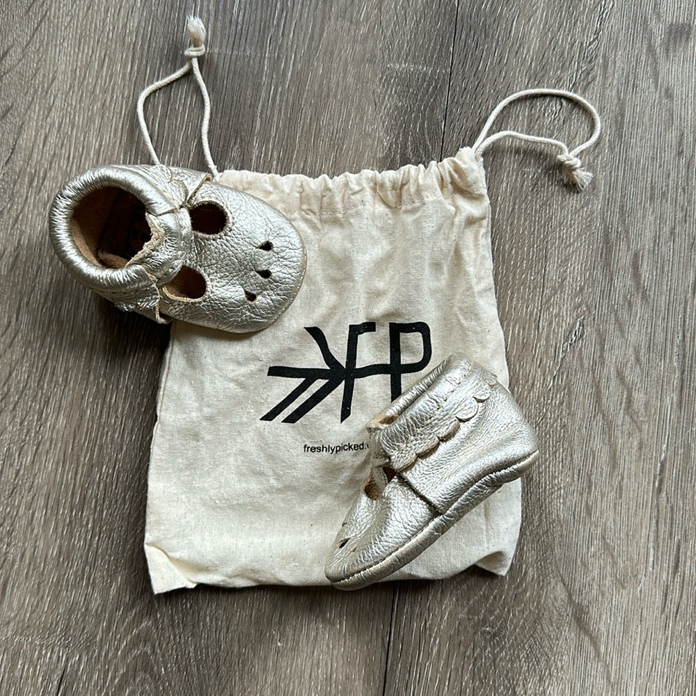 Freshly Picked gold moccasins, size 2